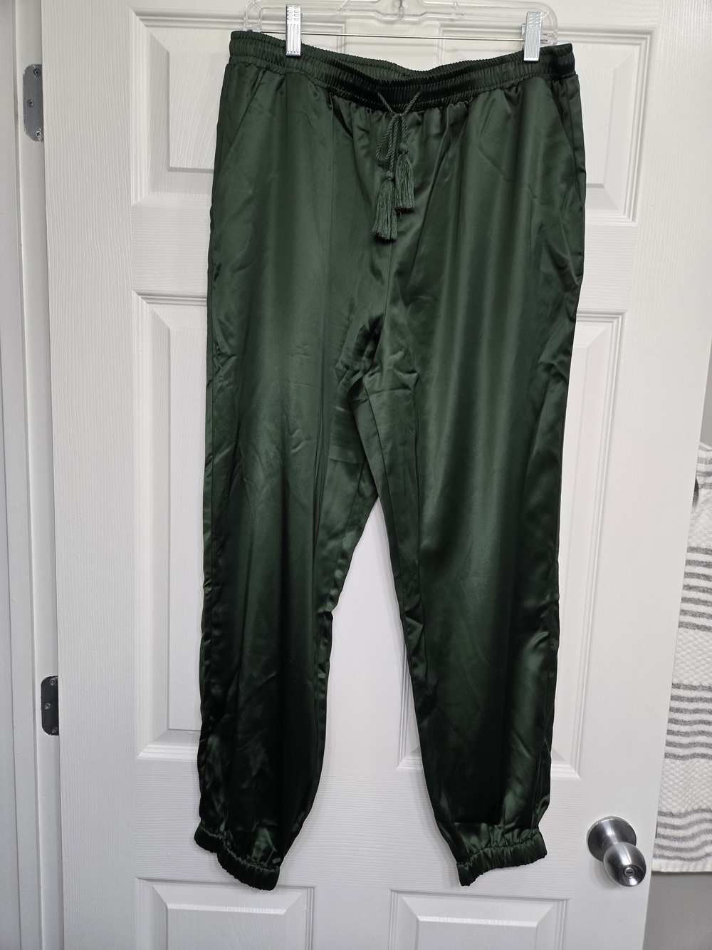 Allegra K Dark Green Satin Joggers with Tassel Drawstring